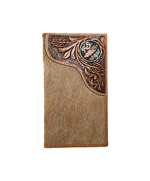 Nocona men's tan leather rodeo wallet with tooled overlay and feather concho detailing.