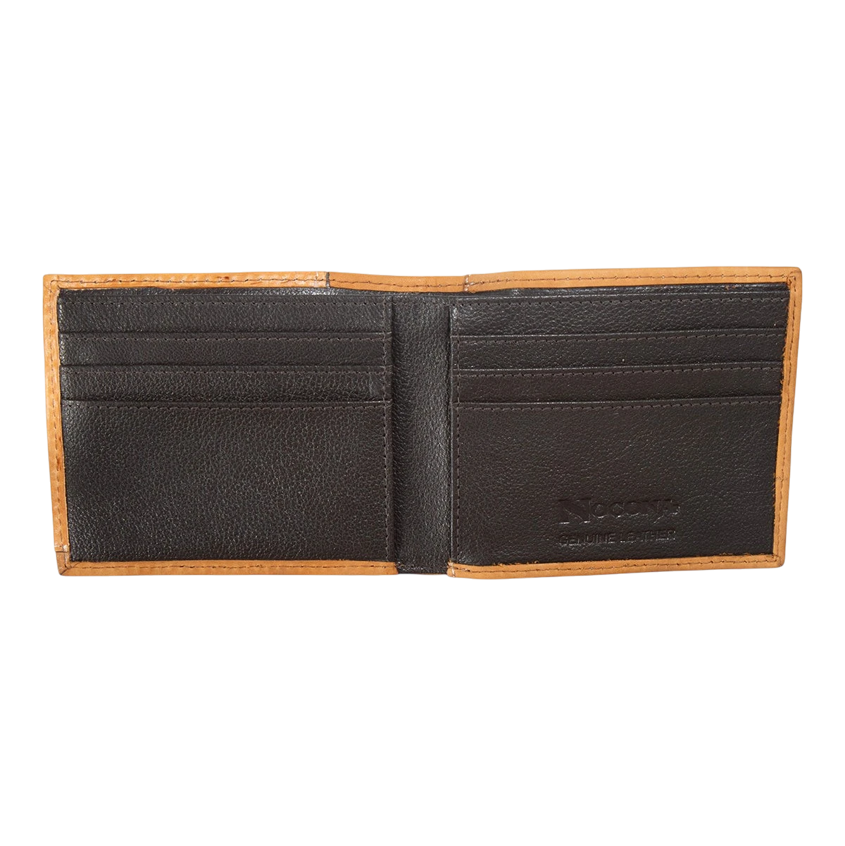 Nocona men's tooled leather bifold wallet with feather concho overlay, featuring detailed Western-inspired design and craftsmanship.