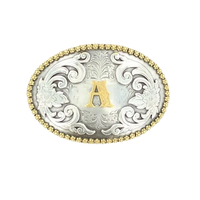M&F Nocona Oval Initial Belt Buckle with engraved initials on polished metal surface.