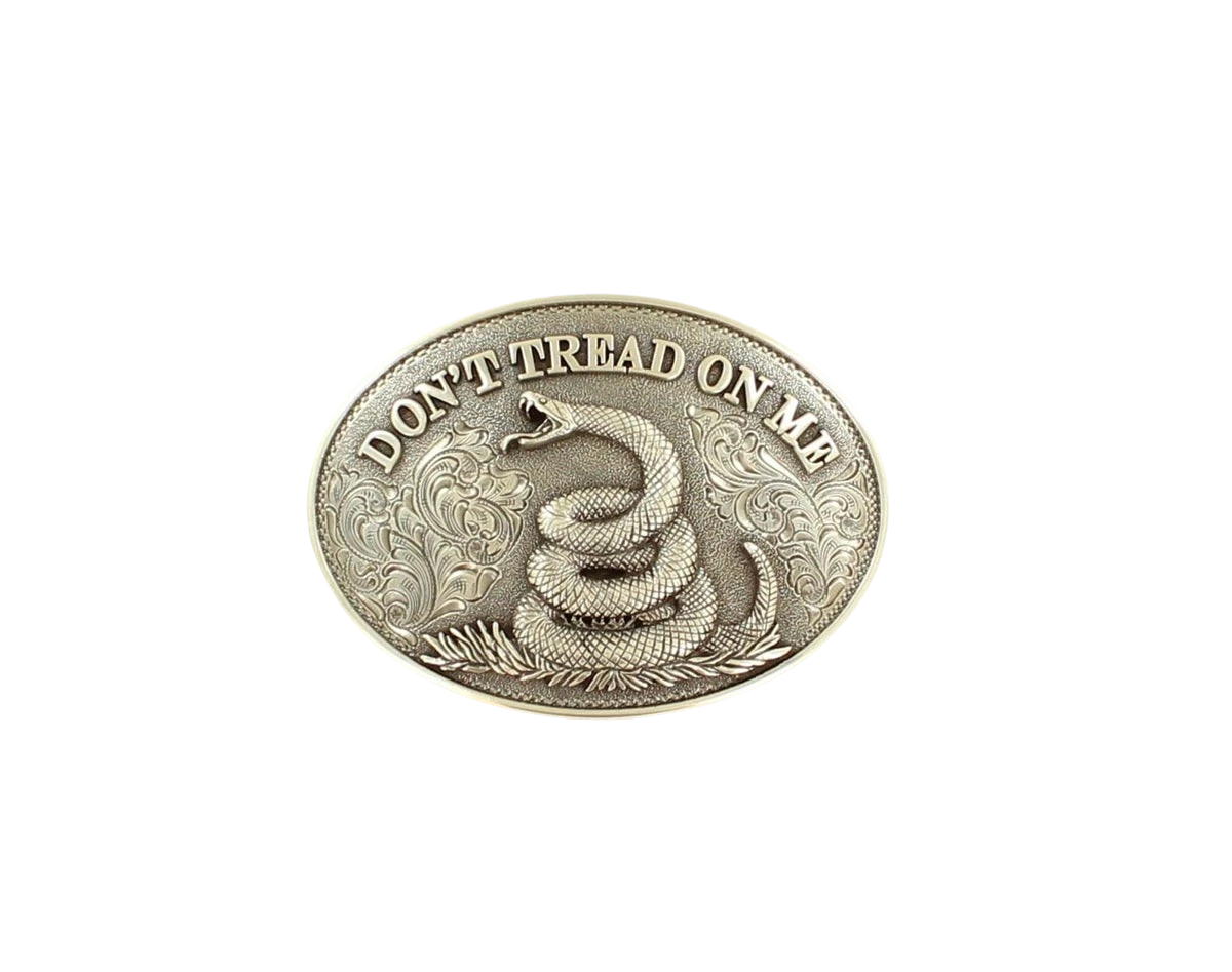 M&F Nocona oval snake belt buckle with intricate snake design on polished metal, suitable for Western or casual belts.