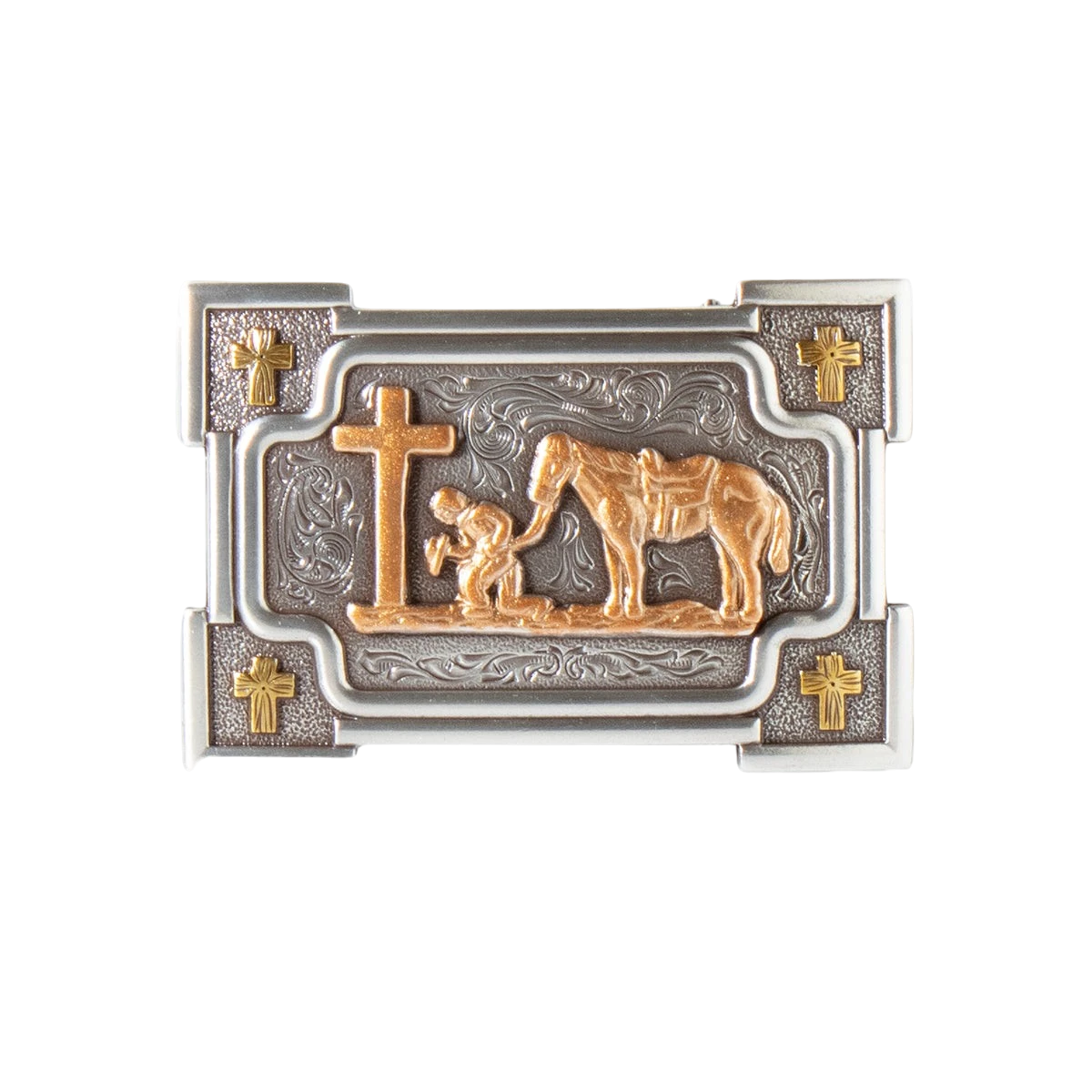 M&F Nocona Praying Cowboy belt buckle with detailed praying cowboy design on silver-toned metal