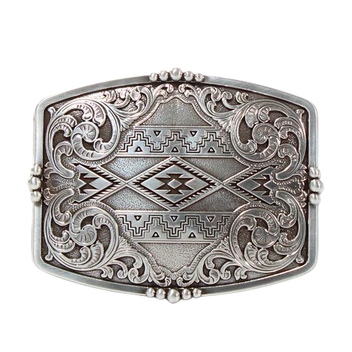 M&F Nocona Rectangle Aztec Floral Belt Buckle featuring intricate floral and geometric designs on a silver-toned buckle.