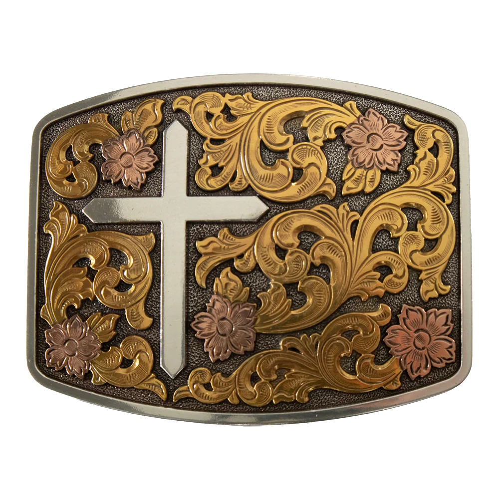 M&F Nocona Rectangle Floral Cross Belt Buckle with engraved floral and cross designs on a metal buckle for Western style.