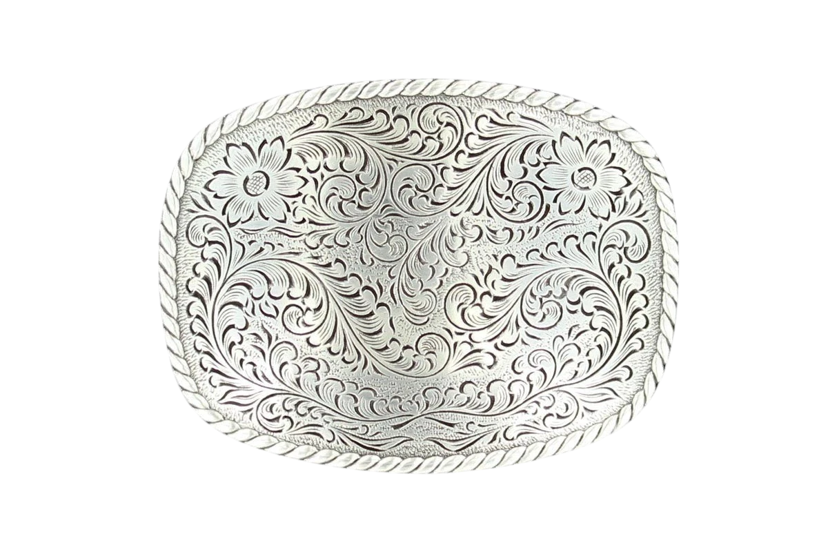 M&F Nocona Scrolled Buckle belt buckle with intricate scroll design on polished metal surface