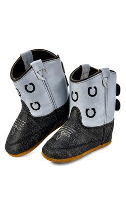 Old West infant Western boots in brown leather with decorative stitching and small heel, suitable for young children.