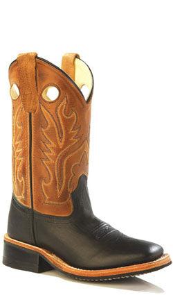 Old West youth western boots in brown leather with decorative stitching and pull tabs, ideal for young cowboy style.