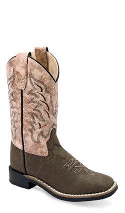 Old West youth Western boot in brown leather with traditional stitching and pull tabs, perfect for young Western style enthusiasts.