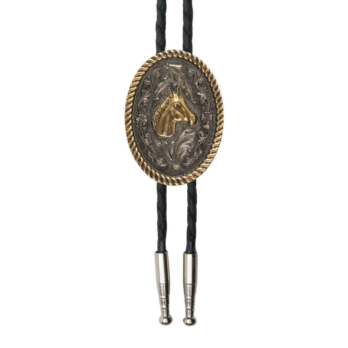 AndWest oval medallion horse bolo tie featuring a detailed horse design on a sleek cord for western style.