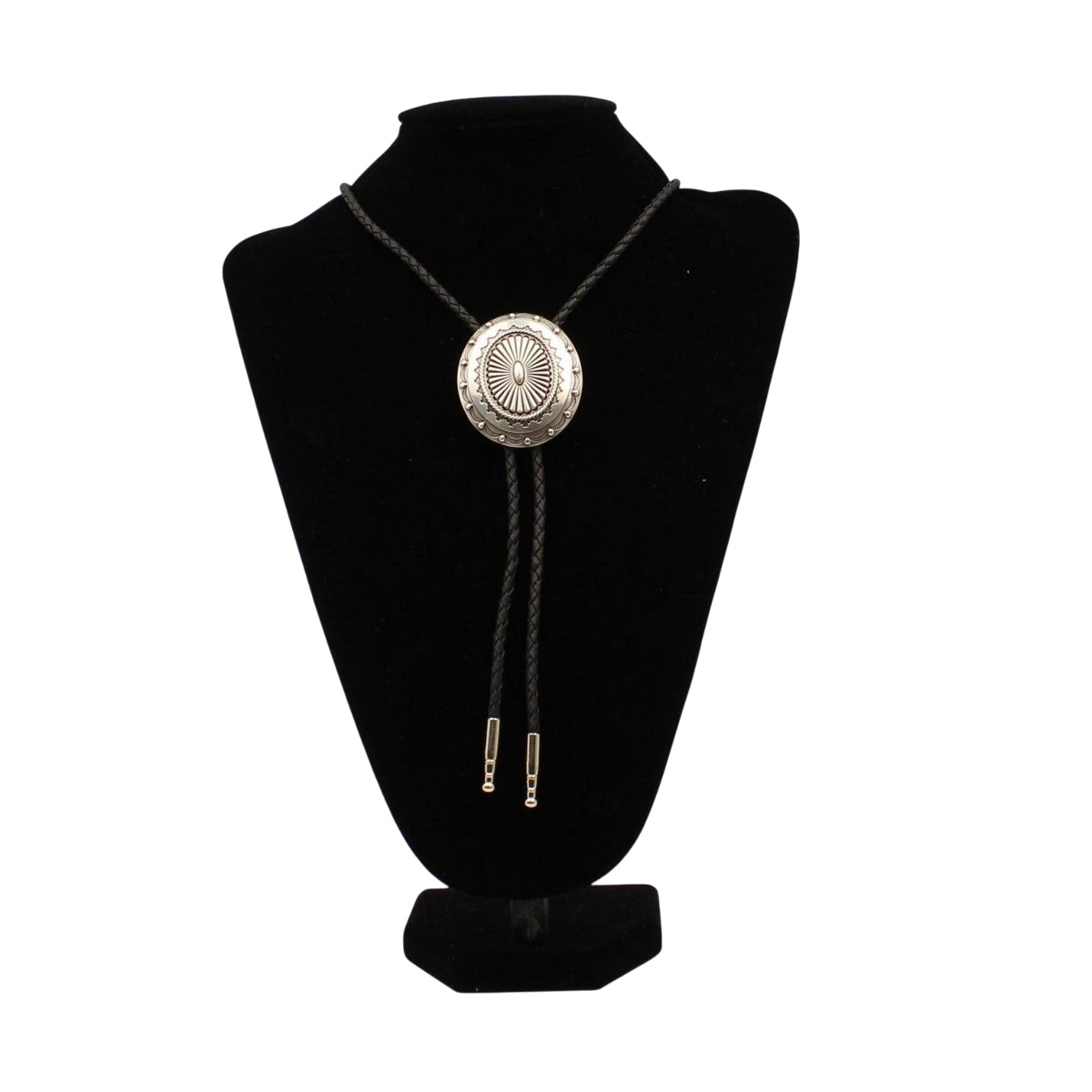 M&F oval Western concho bolo tie featuring a decorative oval concho and braided leather cord.