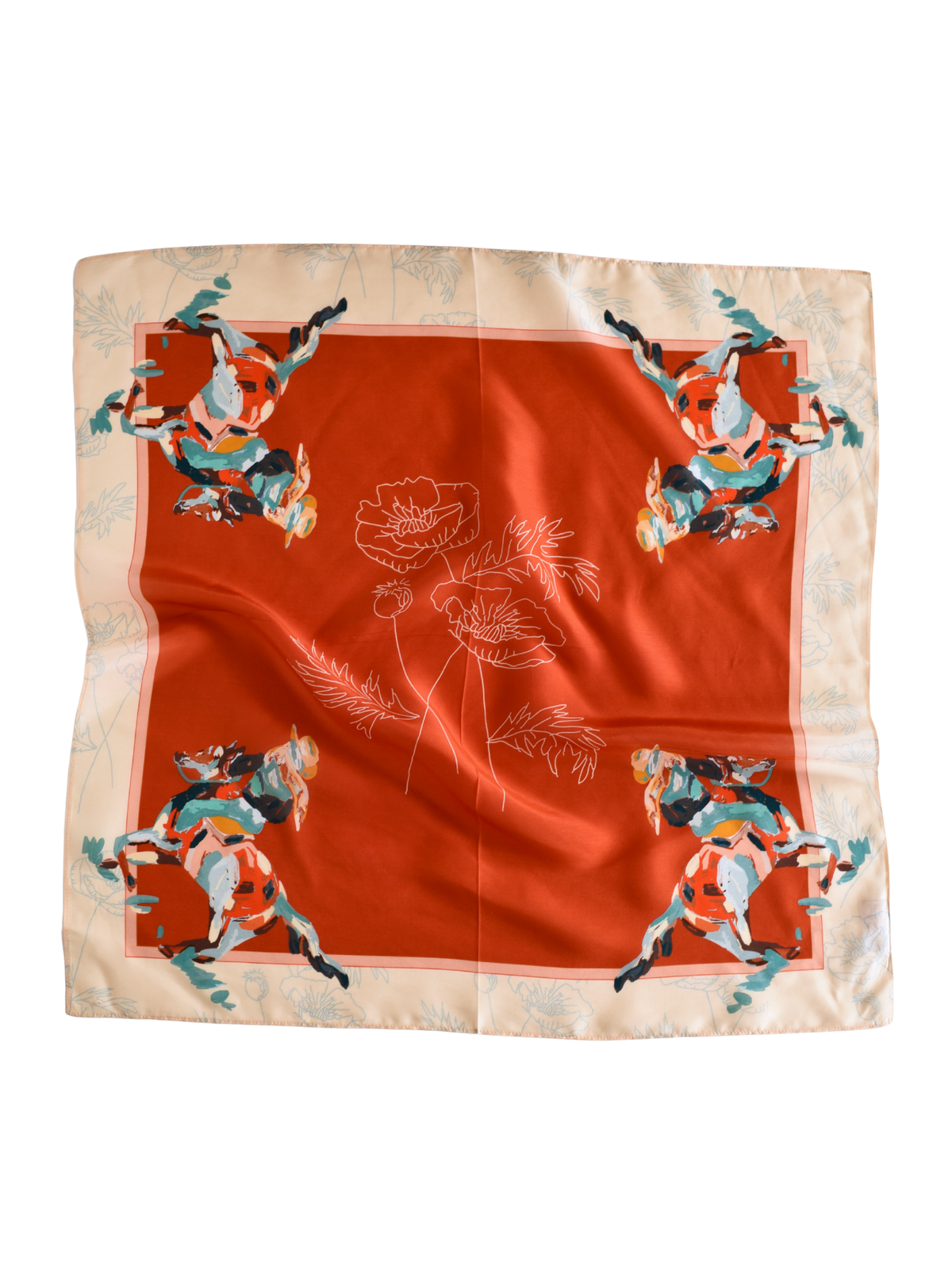 Tirzah Lane Art Poppy Cowgirl western scarf bandana made of silk and Tencel, featuring a vibrant poppy floral design.