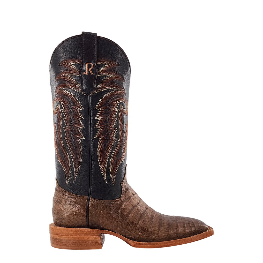 R. Watson Men's Antique Coco/Chocolate Caiman Belly Wide Square Toe Boot – side