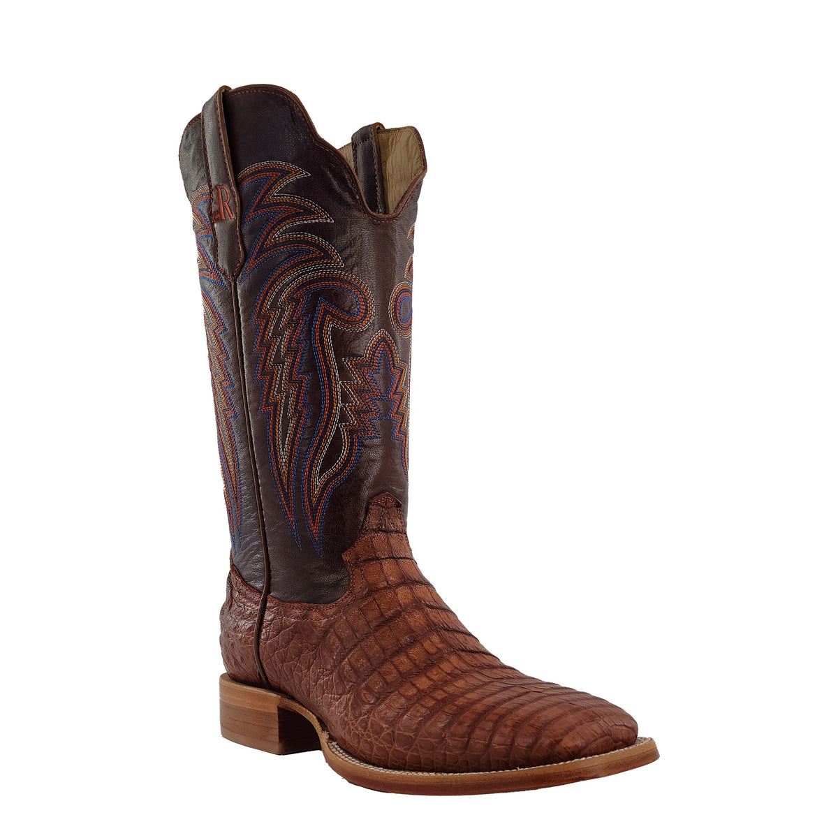 R. Watson Men's Antique Cognac/Cognac Caiman Belly Wide Square Toe Boot – 3-4 front