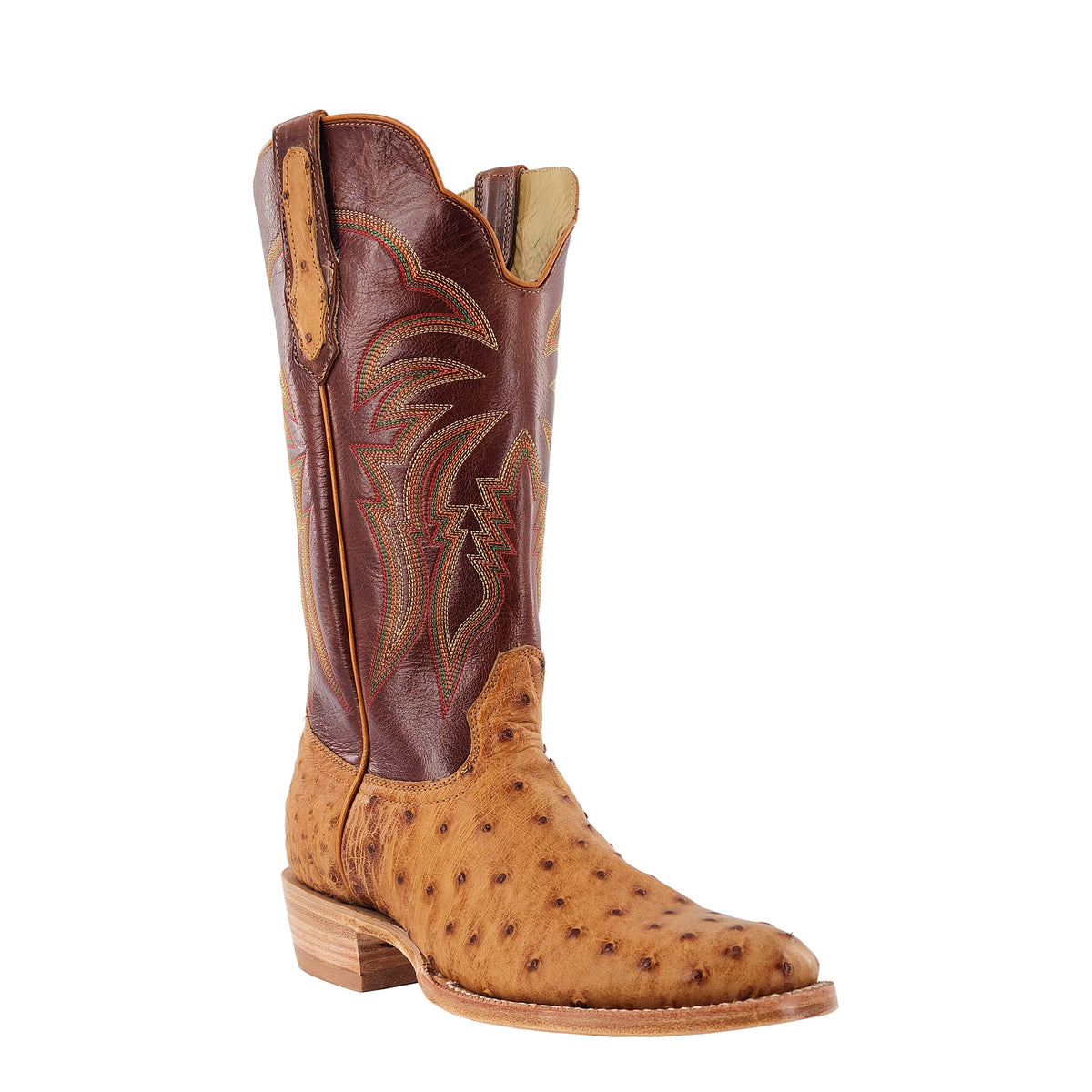 R. Watson Men's Antique Saddle Bruciato/Sierra Ranch Full Quill Ostrich Super Roper Toe Boot – 3-4 front