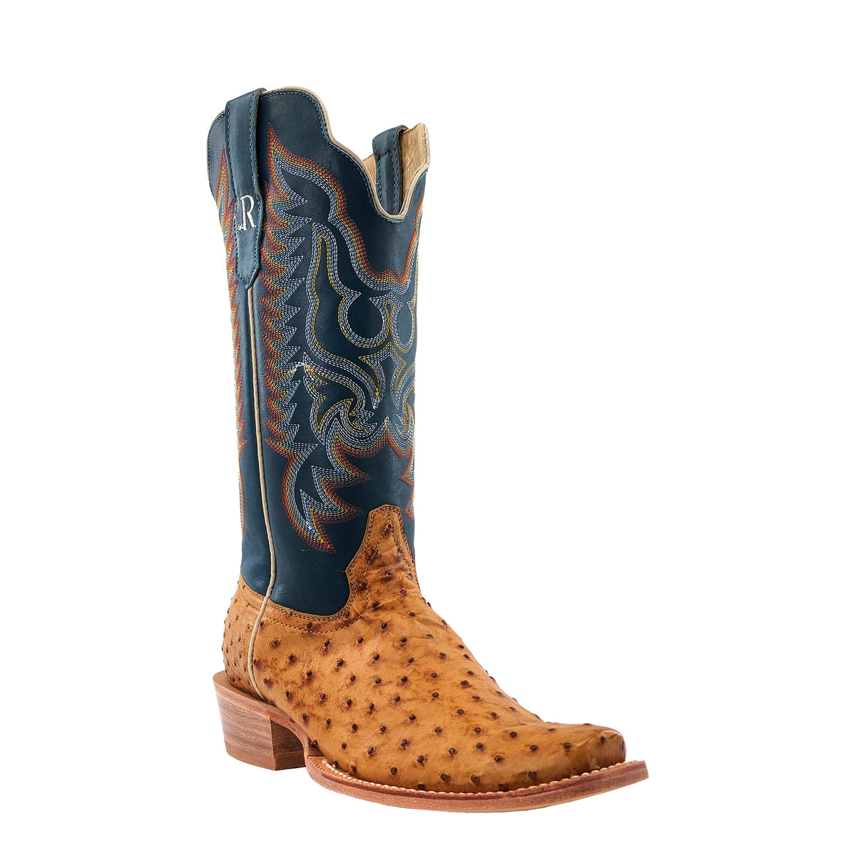 R. Watson Men's Antique Saddle/Royal Blue Full Quill Ostrich Cutter Toe Boot – 3-4 front