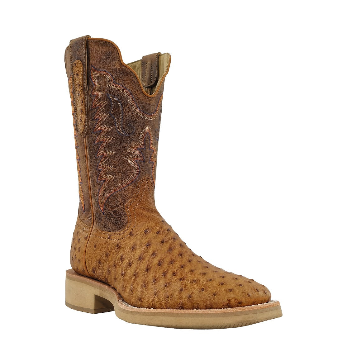 R. Watson Men's Antique Saddle/Tan Full Quill Ostrich Wide Square Toe Boot – 3-4 front