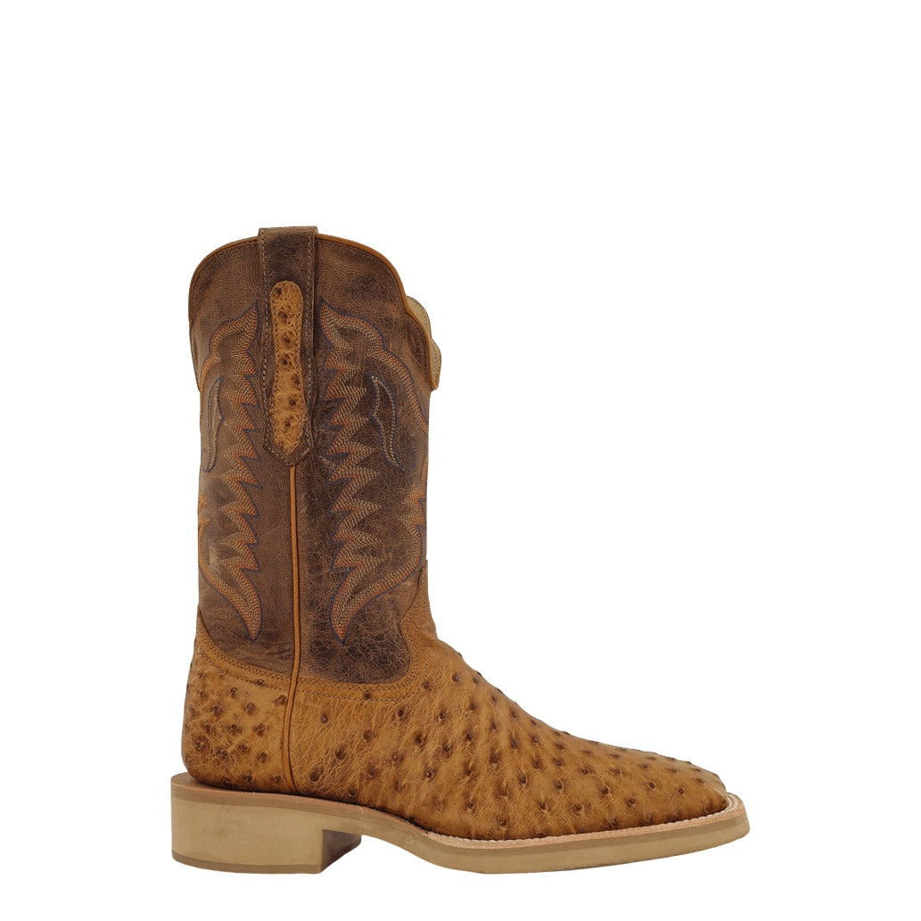 R. Watson Men's Antique Saddle/Tan Full Quill Ostrich Wide Square Toe Boot – side
