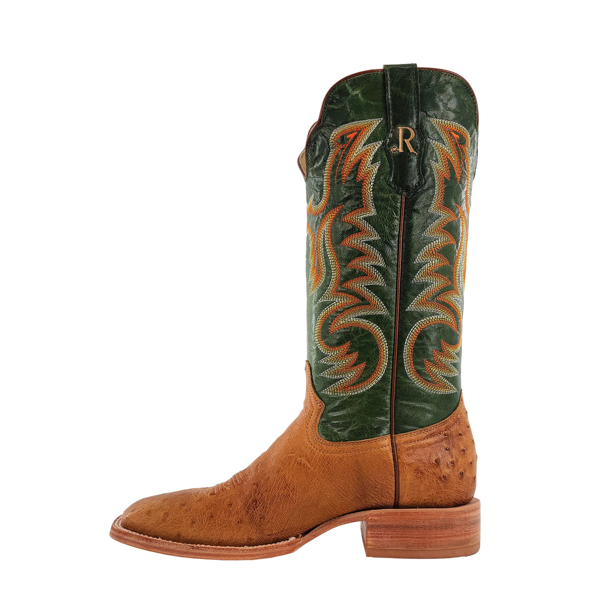 R. Watson Men's Antique Saddle/Forest Green Smooth Ostrich Wide Square Toe Boot – inside