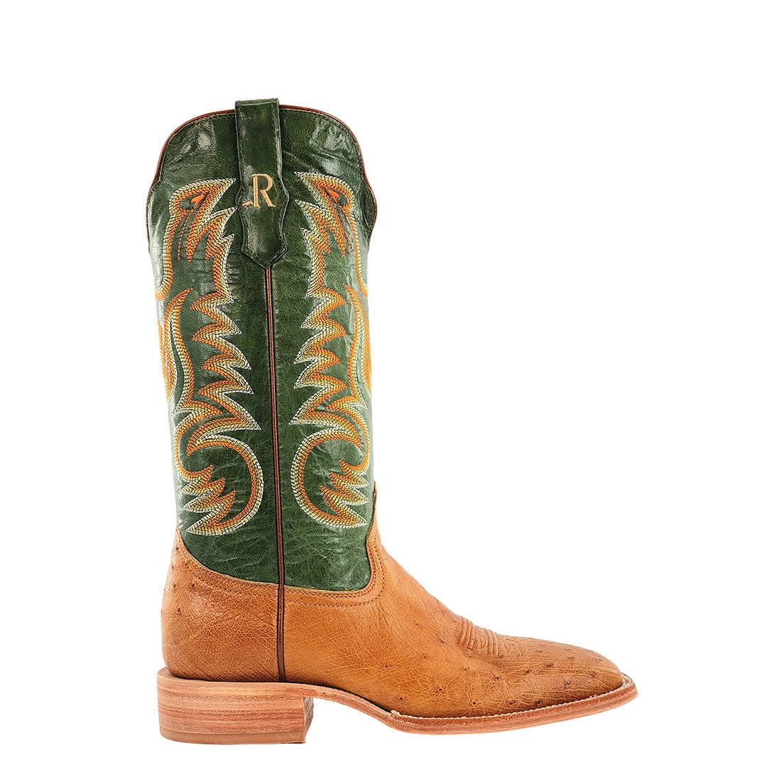 R. Watson Men's Antique Saddle/Forest Green Smooth Ostrich Wide Square Toe Boot – side