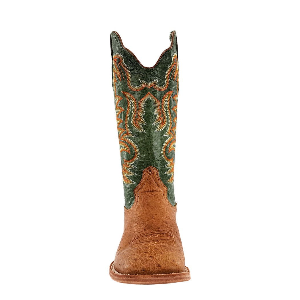 R. Watson Men's Antique Saddle/Forest Green Smooth Ostrich Wide Square Toe Boot – toe