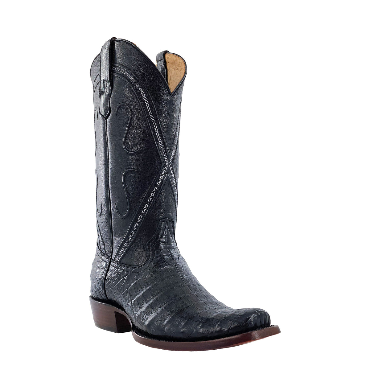 R. Watson Men's Black Caiman Belly Cutter Toe Boot – 3-4 front