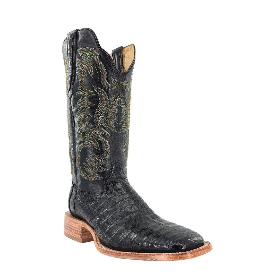 R. Watson Men's Black Caiman Belly Wide Square Toe Boot – 3-4 front