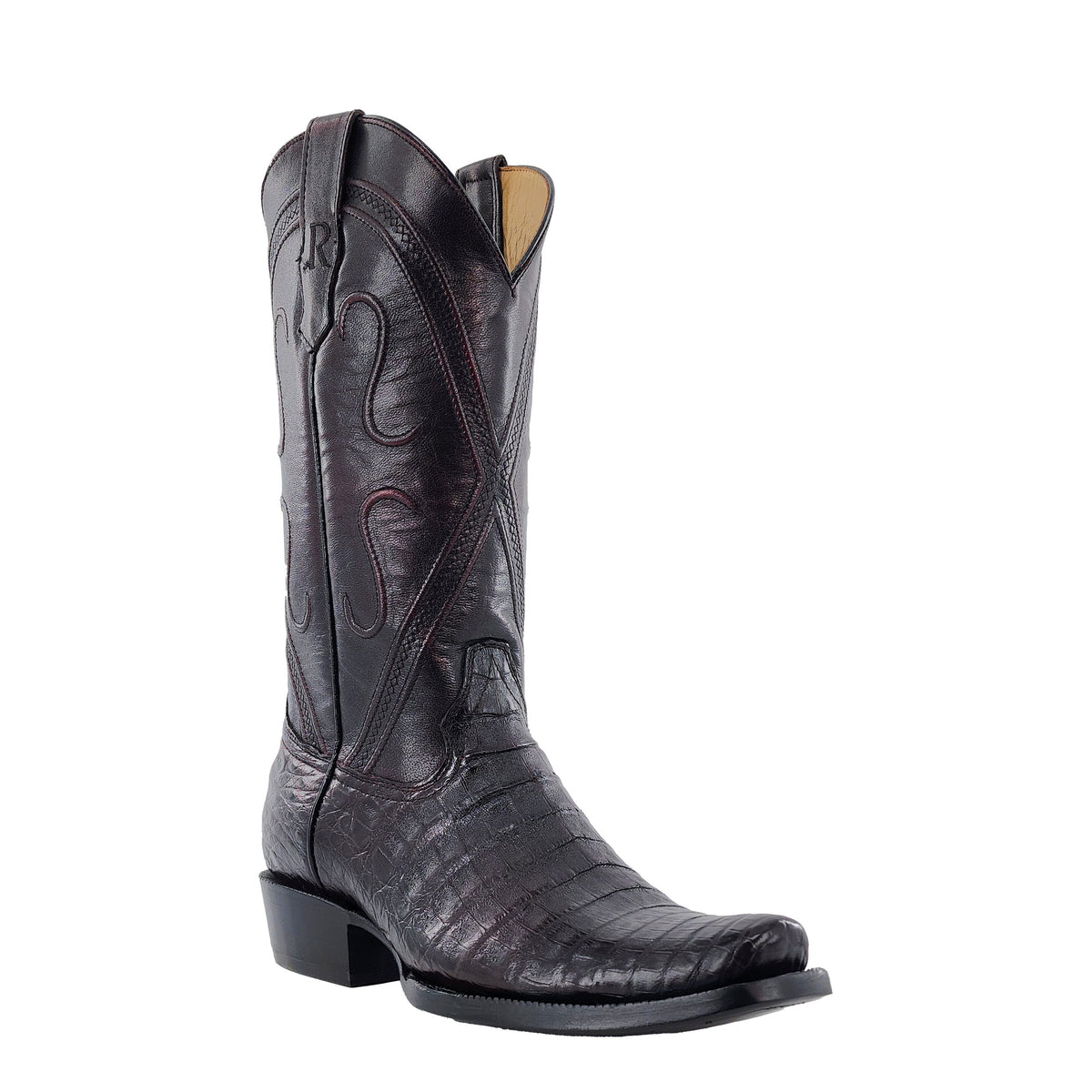 R. Watson Men's Black Cherry Caiman Belly Cutter Toe Boot – 3-4 front