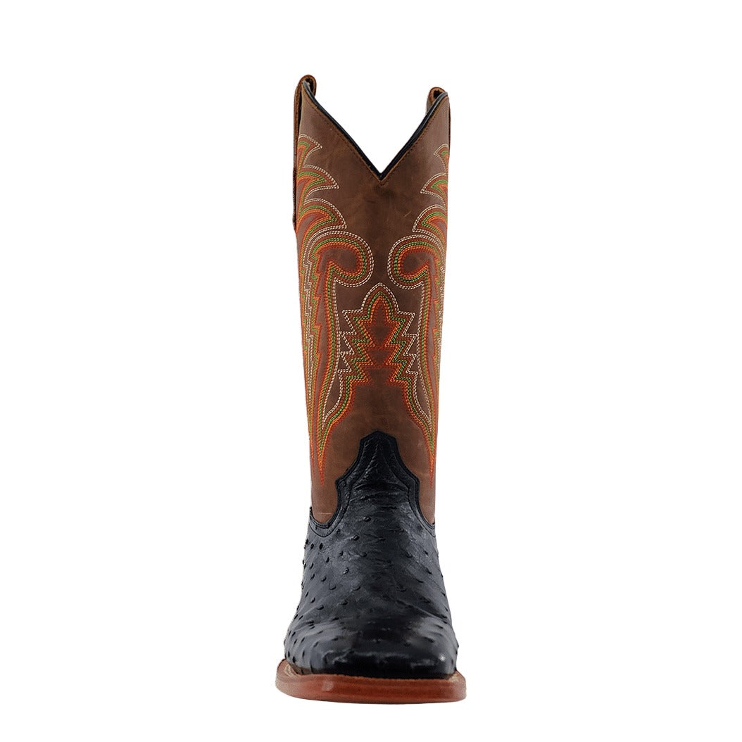R. Watson Men's Black/Arizona Tan Full Quill Ostrich Wide Square Toe Boot – toe
