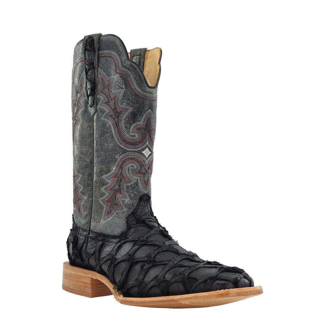 R. Watson Men's Black/Crater Gray Pirarucu Wide Square Toe Boot – 3-4 front