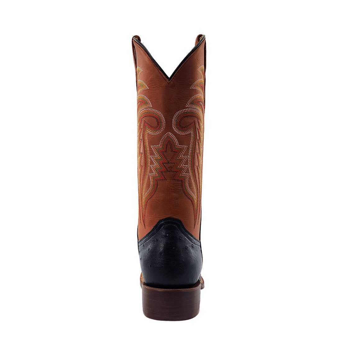 R. Watson Men's Black/Mad Dog Peanut Smooth Ostrich Wide Square Toe Boot – toe