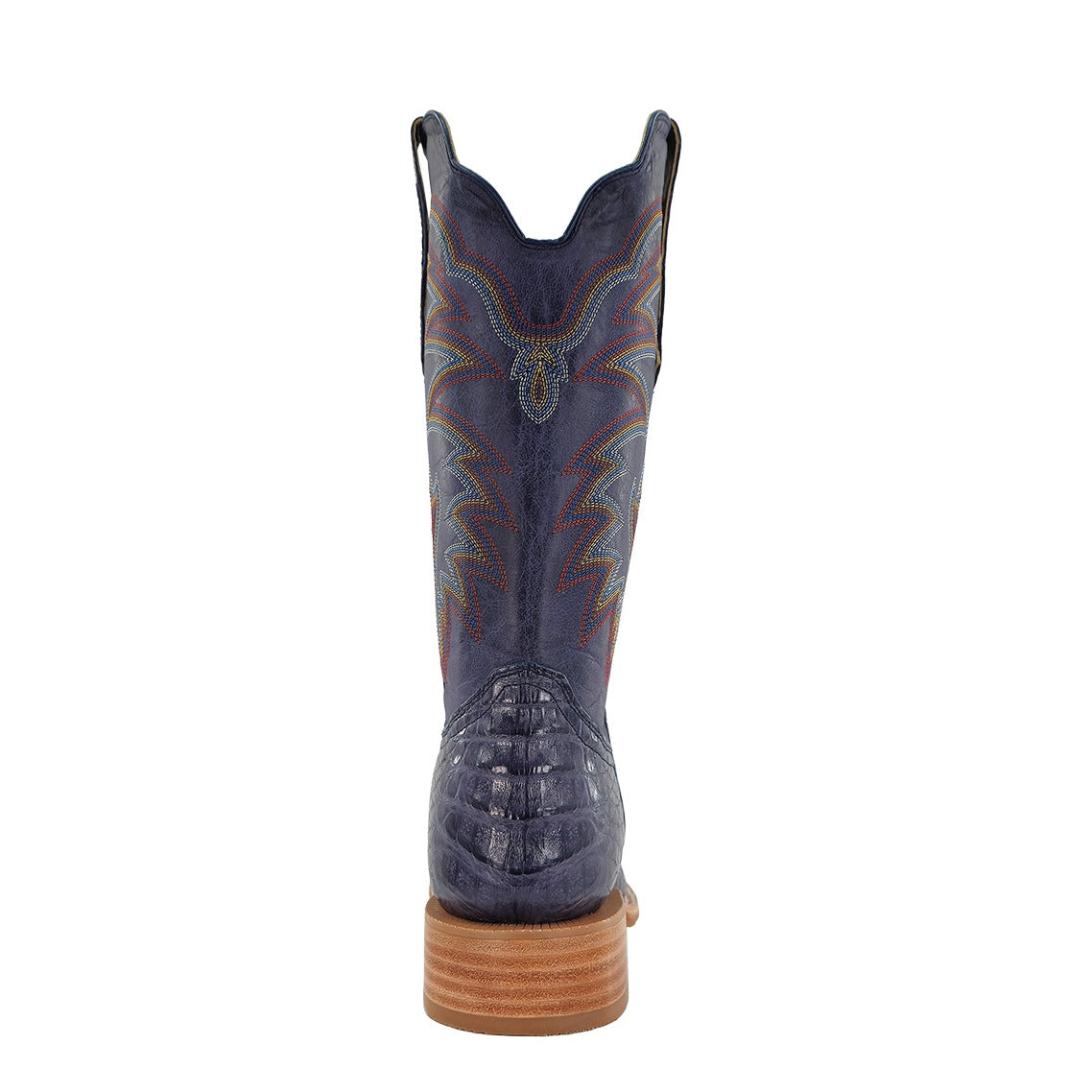R. Watson Men's Blue Jean/Midnight Blue Caiman Belly Wide Square Toe Boot – heel