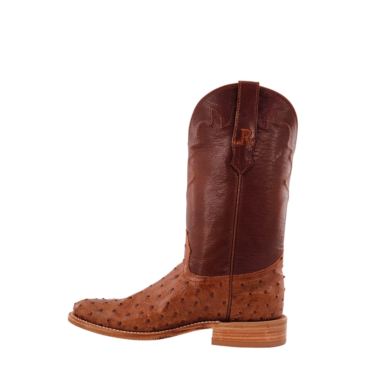 R. Watson Men's Cognac/Sorrel Full Quill Ostrich Roper Toe Boot – inside