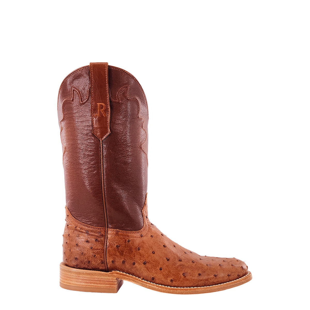 R. Watson Men's Cognac/Sorrel Full Quill Ostrich Roper Toe Boot – side
