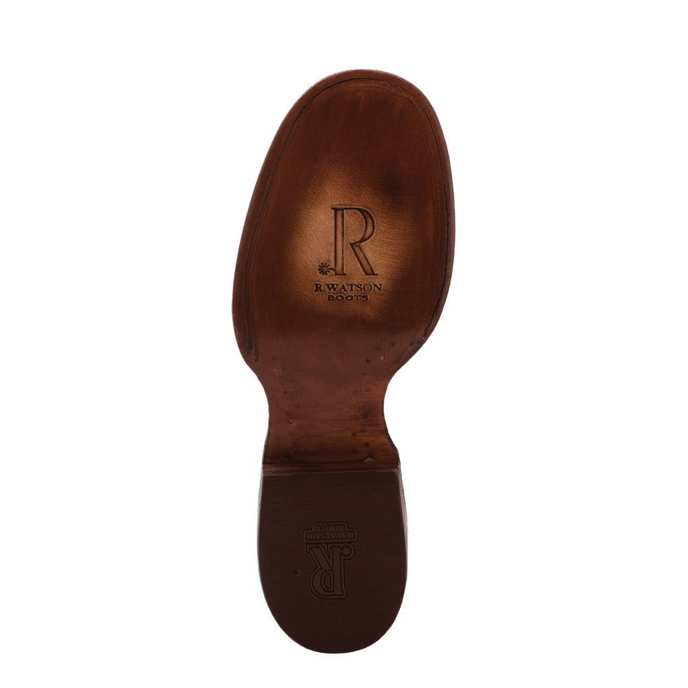 R. Watson Men's Cognac/Sorrel Full Quill Ostrich Roper Toe Boot – sole