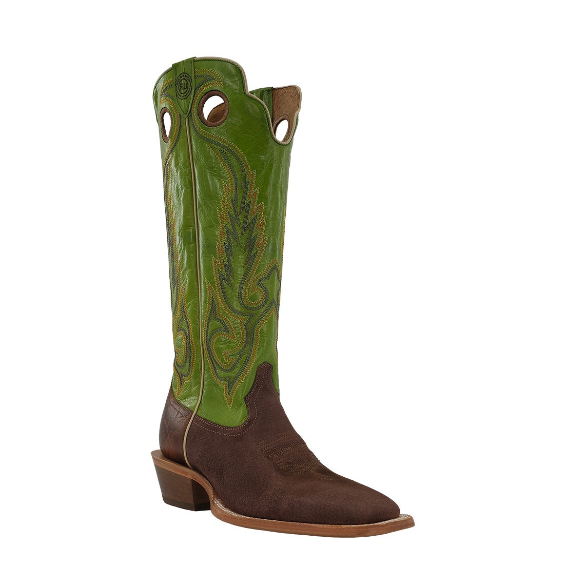 R. Watson Men's Dark Cafe/Lime Green Boar Wide Square Toe Boot – 3-4 front