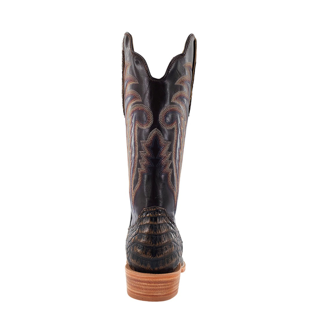 R. Watson Men's Golden Chocolate/Chocolate Caiman Belly Cutter Toe Boot – heel