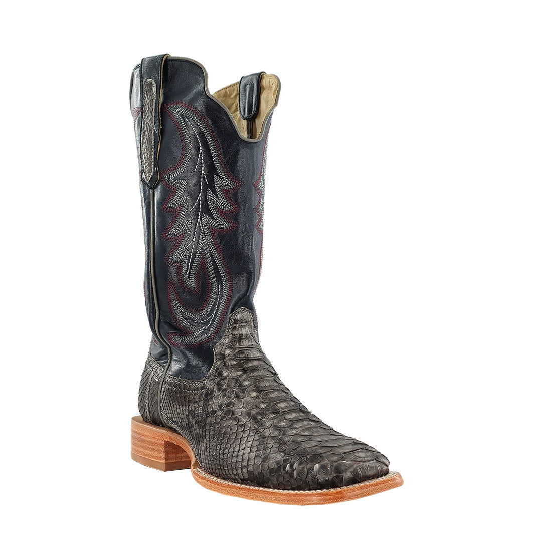 R. Watson Men's Grey/Deep Pacific Back Cut Python Wide Square Toe Boot – 3-4 front close