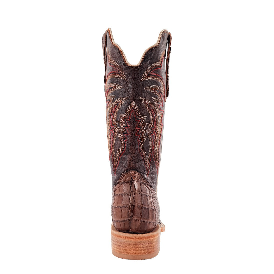 R. Watson Men's Kango Tabac/Laguna Cognac Hornback Caiman Tail Wide Square Toe Boot – heel