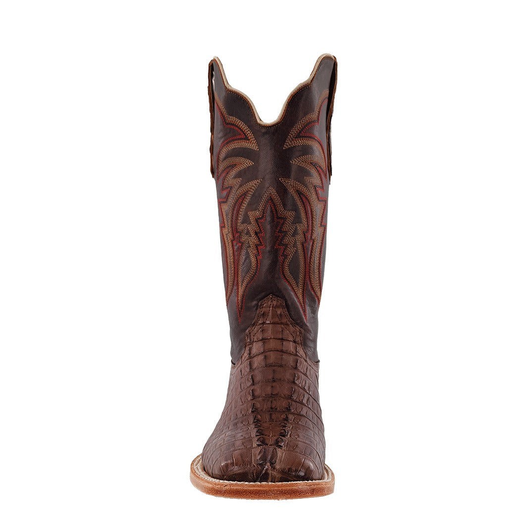 R. Watson Men's Kango Tabac/Laguna Cognac Hornback Caiman Tail Wide Square Toe Boot – toe
