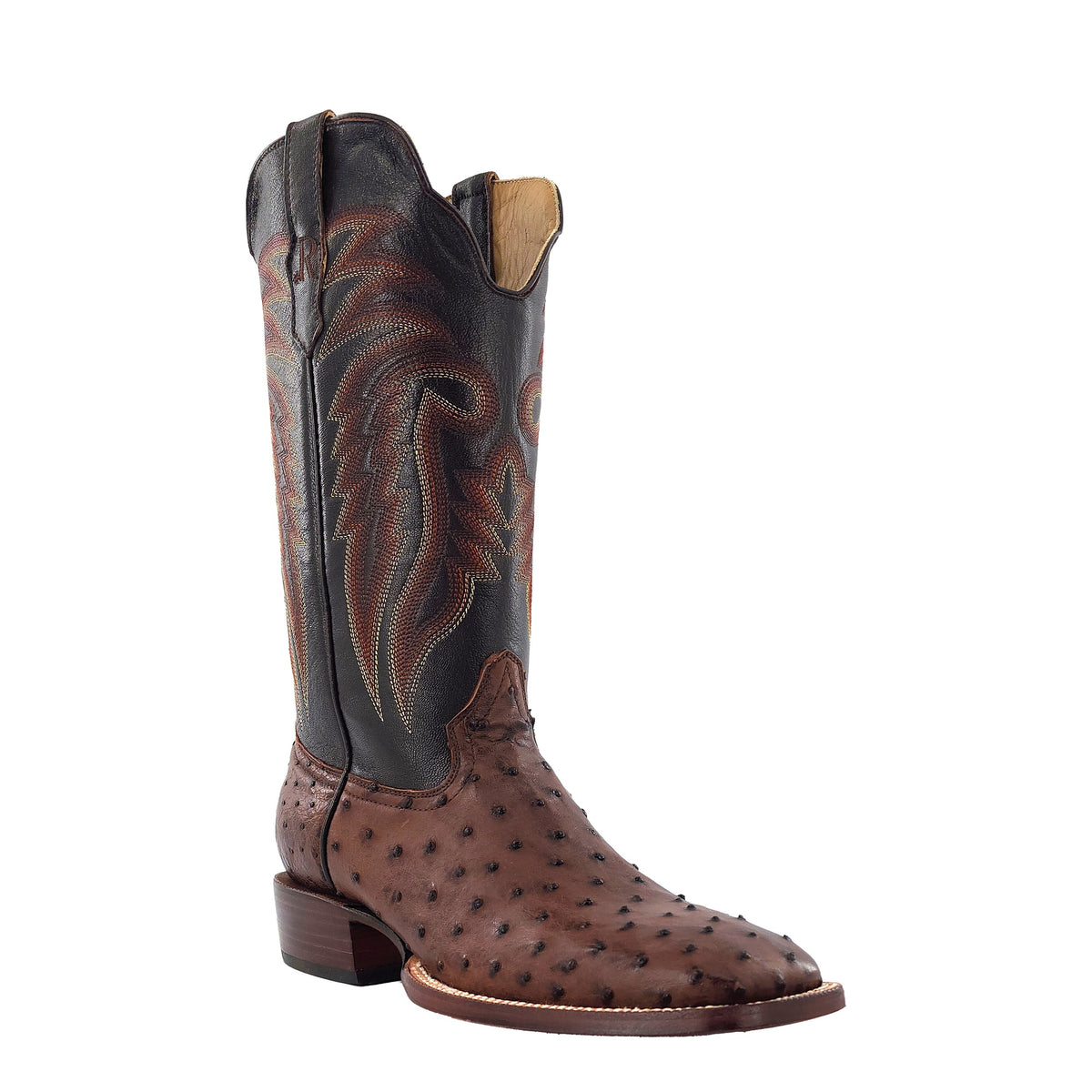 R. Watson Men's Kango Tabac Bruciato/Chocolate Full Quill Ostrich Wide Square Toe Boot – 3-4 front