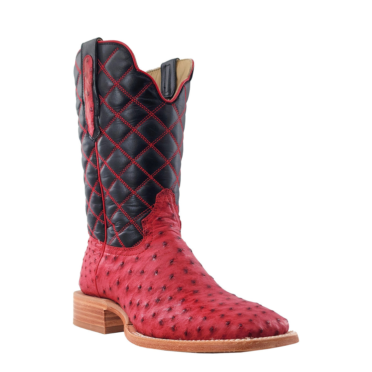 R. Watson Men's Ketchup/Black Sinatra Full Quill Ostrich Wide Square Toe Boot – 3-4 front