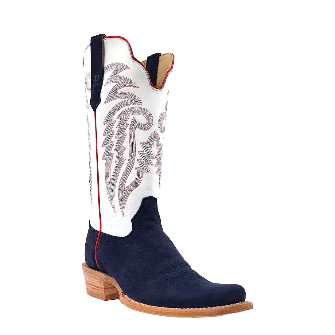 R. Watson Men's Midnight Blue/Winter White Roughout Wide Square Toe Boot – 3-4 front close