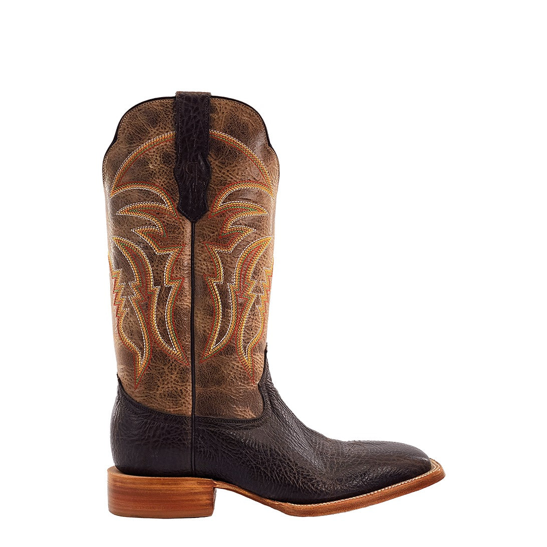 R. Watson Men's Mocha Brown/Arizona Tan Bullhide Wide Square Toe Boot – side