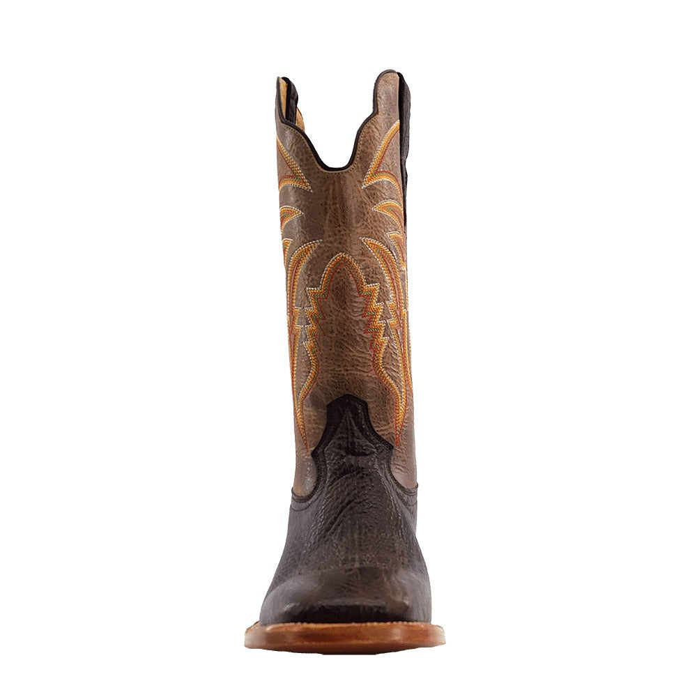 R. Watson Men's Mocha Brown/Arizona Tan Bullhide Wide Square Toe Boot – toe