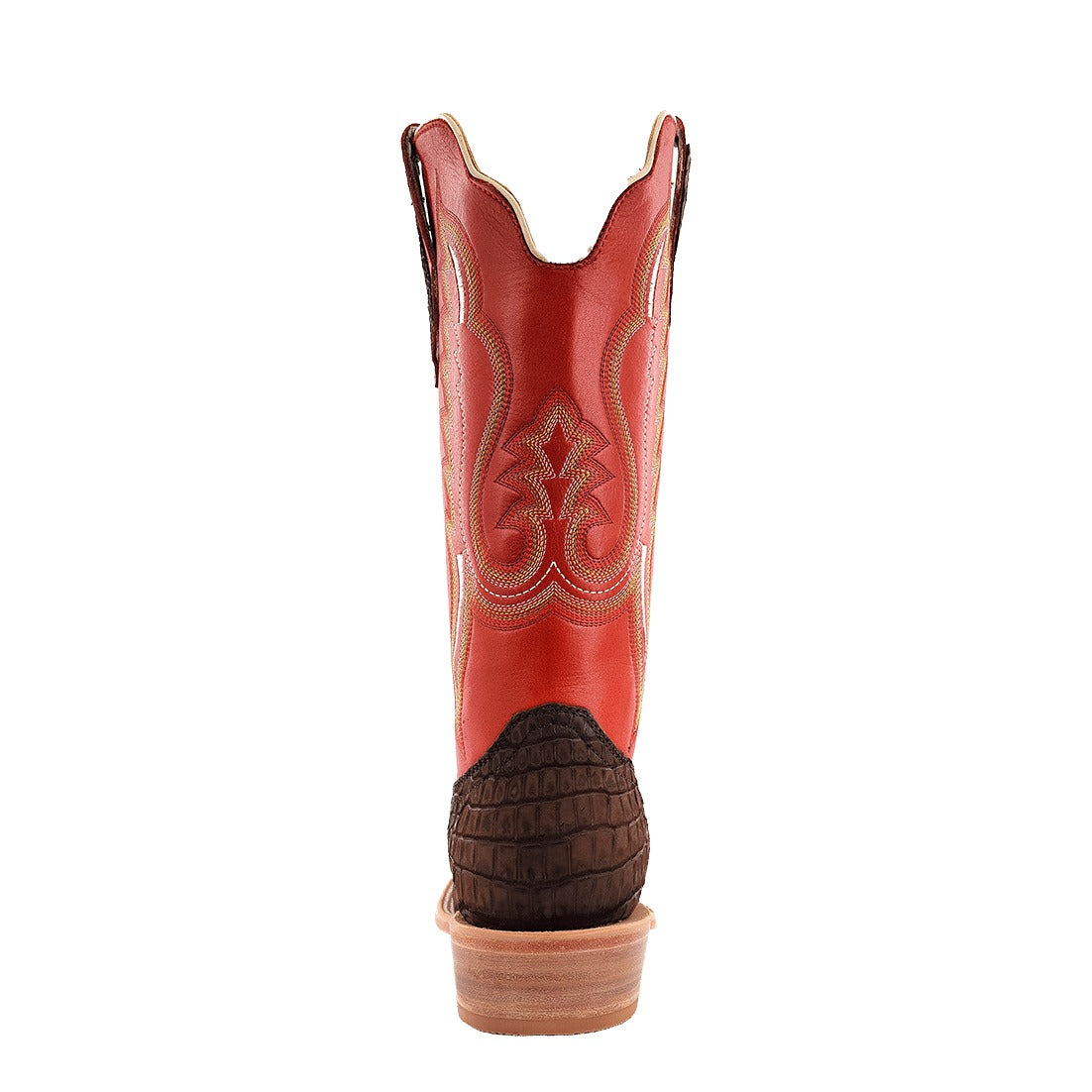 R. Watson Men's Mocha/Indian Orange Sueded Nile Crocodile Wide Square Toe Boot – heel