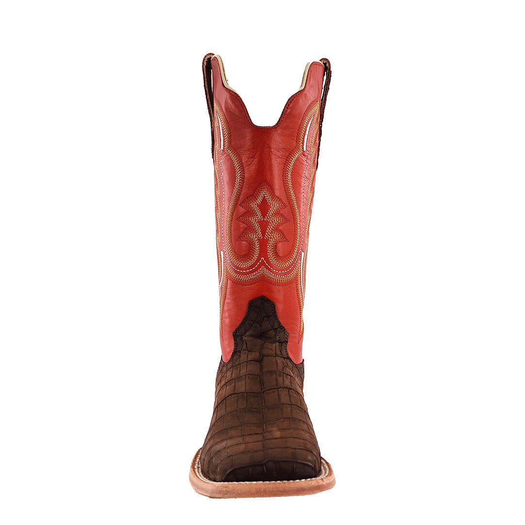 R. Watson Men's Mocha/Indian Orange Sueded Nile Crocodile Wide Square Toe Boot – toe