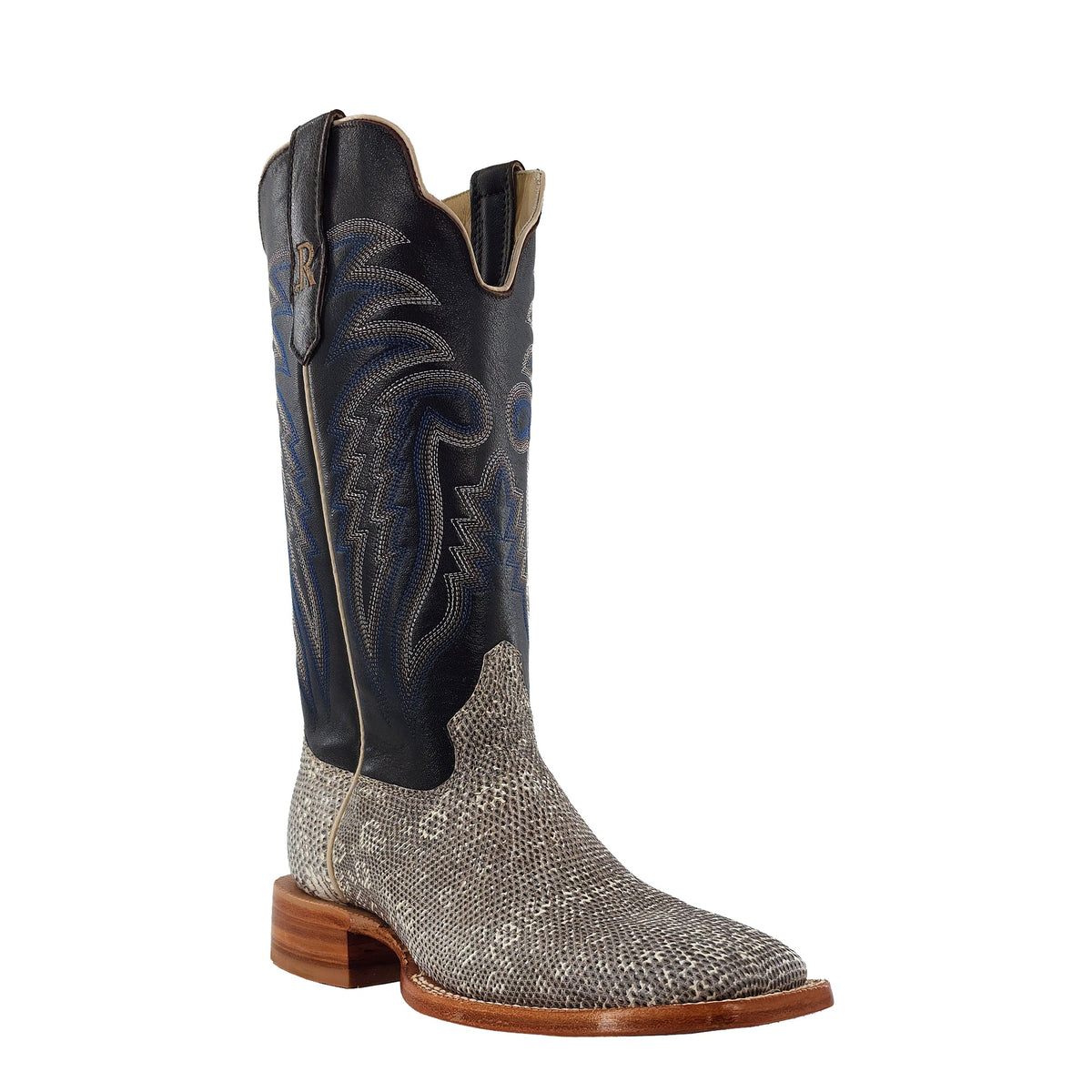 R. Watson Men's Natural/Chocolate Ring Lizard Wide Square Toe Boot – 3-4 front