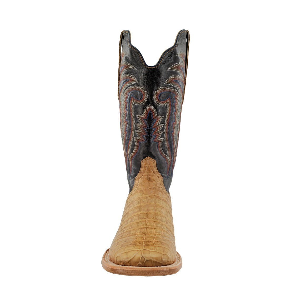 R. Watson Men's Saddle/Chocolate Mestizo Caiman Belly Wide Square Toe Boot – toe