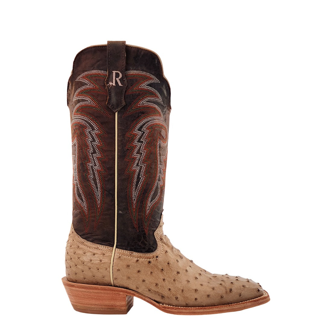 R. Watson Men's Sand Bruciato/Tuscany Meil Full Quill Ostrich Wide Square Toe Boot – side