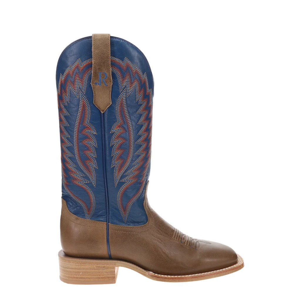 R. Watson Men's Sand/Blue Jean Cowhide Wide Square Toe Boot – side