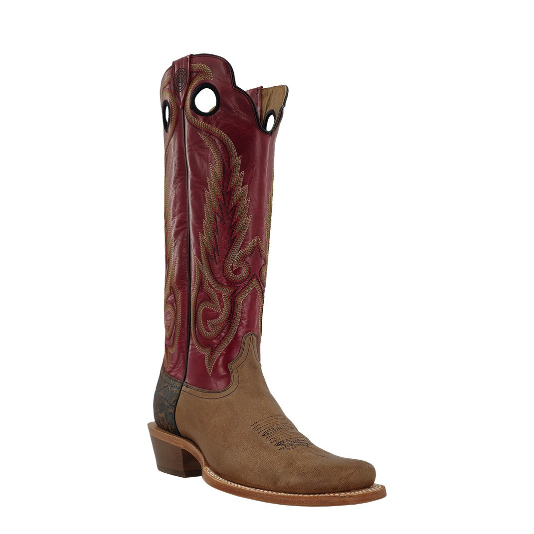 R. Watson Men's Sand/Burgundy Cowhide Narrow Square Toe Boot – 3-4 front